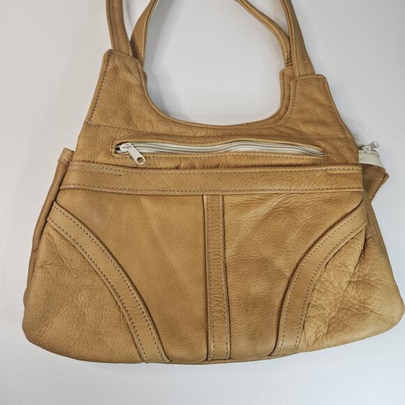 Vintage Soft Light Brown Leather 6 Pocket 2 Strap Whale Tail Lg Shoulder Bag - Picture 2 of 13